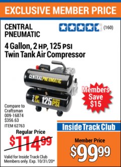 Harbor Freight ITC Coupon 2 HP, 4 GALLON 125 PSI TWIN TANK OIL AIR COMPRESSOR Lot No. 62763/60567 Expired: 10/31/20 - $9.99