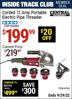 Harbor Freight ITC Coupon PORTABLE ELECTRIC PIPE THREADER Lot No. 62203 Expired: 9/29/22 - $199.99