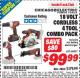 Harbor Freight ITC Coupon 18 VOLT CORDLESS 4 TOOL COMBO PACK Lot No. 68857 Expired: 8/31/15 - $99.99