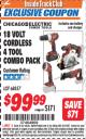 Harbor Freight ITC Coupon 18 VOLT CORDLESS 4 TOOL COMBO PACK Lot No. 68857 Expired: 7/31/16 - $99.99