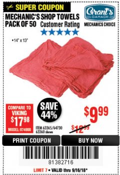 Harbor Freight Coupon MECHANIC'S SHOP TOWELS PACK OF 50 Lot No. 46163/61837/61878/69649/68442 Expired: 9/16/18 - $9.99