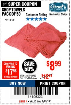 Harbor Freight Coupon MECHANIC'S SHOP TOWELS PACK OF 50 Lot No. 46163/61837/61878/69649/68442 Expired: 8/25/19 - $8.99