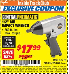 Harbor Freight ITC Coupon 1/2" AIR IMPACT WRENCH Lot No. 60382/61718/95310 Expired: 8/31/19 - $17.99