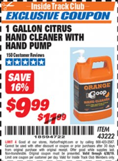 Harbor Freight ITC Coupon 1 GALLON CITRUS HAND CLEANER WITH HAND PUMP Lot No. 43222 Expired: 4/30/19 - $9.99