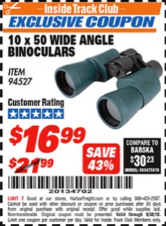 Harbor Freight ITC Coupon 10 X 50 WIDE ANGLE BINOCULARS Lot No. 94527 Expired: 9/30/18 - $16.99