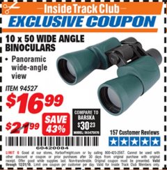 Harbor Freight ITC Coupon 10 X 50 WIDE ANGLE BINOCULARS Lot No. 94527 Expired: 12/31/18 - $16.99