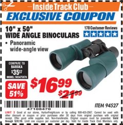 Harbor Freight ITC Coupon 10 X 50 WIDE ANGLE BINOCULARS Lot No. 94527 Expired: 5/31/19 - $16.99