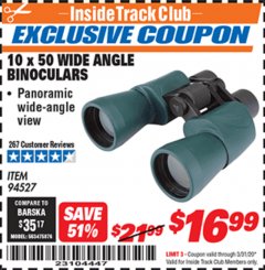 Harbor Freight ITC Coupon 10 X 50 WIDE ANGLE BINOCULARS Lot No. 94527 Expired: 3/31/20 - $16.99