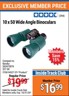 Harbor Freight ITC Coupon 10 X 50 WIDE ANGLE BINOCULARS Lot No. 94527 Expired: 10/31/20 - $16.99