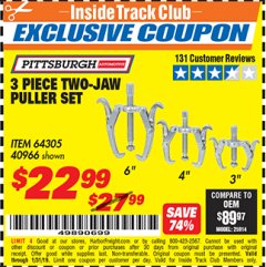 Harbor Freight ITC Coupon 3 PIECE TWO JAW PULLER SET Lot No. 40966 Expired: 1/31/19 - $22.99