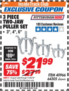 Harbor Freight ITC Coupon 3 PIECE TWO JAW PULLER SET Lot No. 40966 Expired: 11/30/19 - $21.99