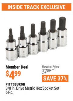 Harbor Freight ITC Coupon 6 PIECE 3/8" DRIVE HEX BIT SOCKET SETS Lot No. 69547/69546 Expired: 4/29/21 - $4.99