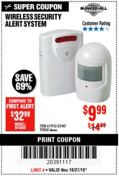 Harbor Freight Coupon WIRELESS SECURITY ALERT SYSTEM Lot No. 61910 / 62447 / 90368 Expired: 10/27/19 - $9.99