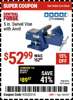 Harbor Freight Coupon 5" SWIVEL VISE WITH ANVIL Lot No. 61551/67039 Valid Thru: 10/2/22 - $52.99