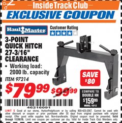 Harbor Freight ITC Coupon HAUL-MASTER 3-POINT QUICK HITCH Lot No. 97214 Expired: 11/4/18 - $79.99
