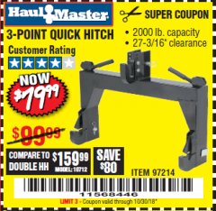 Harbor Freight Coupon 3-POINT QUICK HITCH Lot No. 97214 Expired: 10/30/18 - $79.99