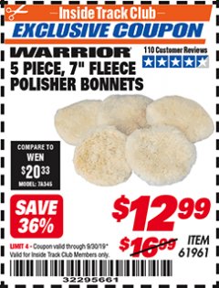 Harbor Freight ITC Coupon 7" FLEECE POLISHER BONNETS PACK OF 5 Lot No. 61961/93591 Expired: 9/30/19 - $12.99