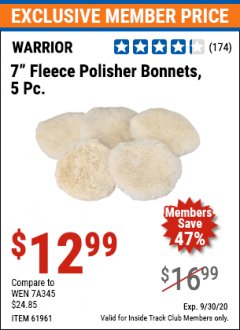 Harbor Freight ITC Coupon 7" FLEECE POLISHER BONNETS PACK OF 5 Lot No. 61961/93591 Expired: 9/30/20 - $12.99