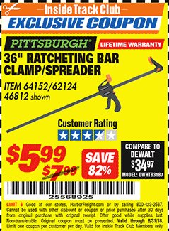 Harbor Freight ITC Coupon 36" RATCHETING BAR CLAMP/SPREADER Lot No. 46812/62124 Expired: 8/31/18 - $5.99