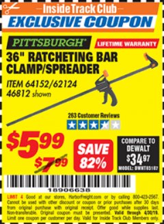 Harbor Freight ITC Coupon 36" RATCHETING BAR CLAMP/SPREADER Lot No. 46812/62124 Expired: 4/30/19 - $5.99