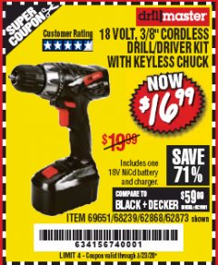 Harbor Freight Coupon 18 VOLT CORDLESS 3/8" DRILL/DRIVER WITH KEYLESS CHUCK Lot No. 68239/69651/62868/62873 Expired: 6/30/20 - $16.99