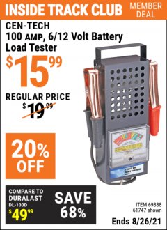 Harbor Freight ITC Coupon 100 AMP 6/12 VOLT BATTERY LOAD TESTER Lot No. 90636/61747/61945/69888 Expired: 8/26/21 - $15.99