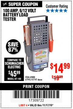 Harbor Freight Coupon 100 AMP 6/12 VOLT BATTERY LOAD TESTER Lot No. 90636/61747/61945/69888 Expired: 11/17/19 - $14.99