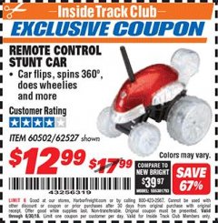 Harbor Freight ITC Coupon REMOTE CONTROL STUNT CAR Lot No. 56166 Expired: 6/30/18 - $12.99