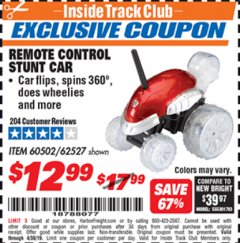 Harbor Freight ITC Coupon REMOTE CONTROL STUNT CAR Lot No. 56166 Expired: 4/30/19 - $12.99