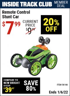 Harbor Freight ITC Coupon REMOTE CONTROL STUNT CAR Lot No. 56166 Expired: 1/6/22 - $7.99