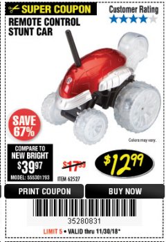 Harbor Freight Coupon REMOTE CONTROL STUNT CAR Lot No. 56166 Expired: 11/30/18 - $12.99