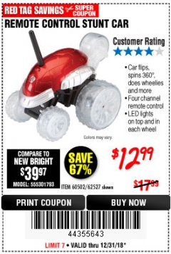 Harbor Freight Coupon REMOTE CONTROL STUNT CAR Lot No. 56166 Expired: 12/31/18 - $12.99