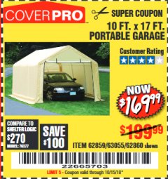 Harbor Freight Coupon COVERPRO 10 FT. X 17 FT. PORTABLE GARAGE Lot No. 62859, 63055, 62860 Expired: 10/15/18 - $169.99