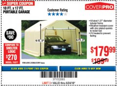 Harbor Freight Coupon COVERPRO 10 FT. X 17 FT. PORTABLE GARAGE Lot No. 62859, 63055, 62860 Expired: 6/24/18 - $179.99