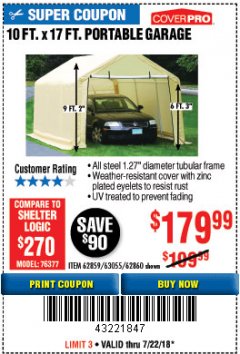 Harbor Freight Coupon COVERPRO 10 FT. X 17 FT. PORTABLE GARAGE Lot No. 62859, 63055, 62860 Expired: 7/22/18 - $179.99