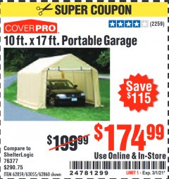 Harbor Freight Coupon COVERPRO 10 FT. X 17 FT. PORTABLE GARAGE Lot No. 62859, 63055, 62860 Expired: 3/1/21 - $174.99