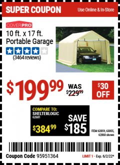 Harbor Freight Coupon COVERPRO 10 FT. X 17 FT. PORTABLE GARAGE Lot No. 62859, 63055, 62860 Expired: 6/2/22 - $199.99