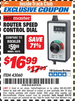 Harbor Freight ITC Coupon ROUTER SPEED CONTROL DIAL Lot No. 43060 Expired: 8/31/19 - $16.99