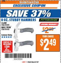 Harbor Freight ITC Coupon 8 OZ. STUBBY HAMMERS Lot No. 61681/95929/95930 Expired: 8/7/18 - $2.49