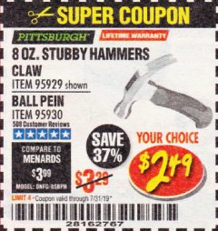 Harbor Freight Coupon 8 OZ. STUBBY HAMMERS Lot No. 61681/95929/95930 Expired: 7/31/19 - $2.99
