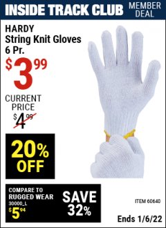 Harbor Freight ITC Coupon STRING KNIT GLOVES- 6 PAIRS Lot No. 46992/60640 Expired: 1/6/22 - $3.99