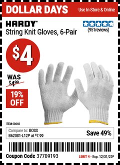 Harbor Freight Coupon HARDY STRING KNIT GLOVES, 6-PAIR Lot No. 60640 Valid Thru: 12/31/25 - $4