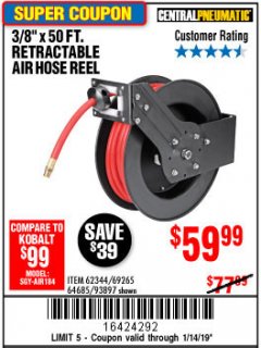 Harbor Freight Coupon HEAVY DUTY RETRACTABLE AIR HOSE REEL WITH 3/8" x 25 FT. HOSE Lot No. 69234/46104/69266 Expired: 1/14/19 - $59.99
