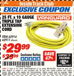 Harbor Freight ITC Coupon 25 FT X 10 GAUGE TRIPLE TAP EXTENSION CORD Lot No. 62914/61993/62911 Expired: 8/31/18 - $29.99