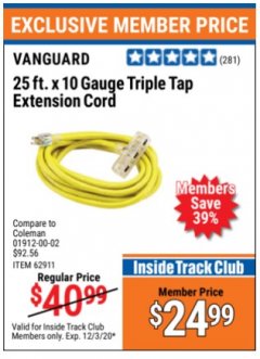 Harbor Freight ITC Coupon 25 FT X 10 GAUGE TRIPLE TAP EXTENSION CORD Lot No. 62914/61993/62911 Expired: 12/3/20 - $24.99