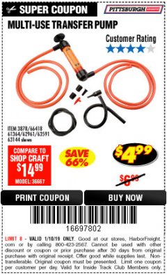 Harbor Freight ITC Coupon MULTI-USE TRANSFER PUMP Lot No. 63144/63591/61364/62961/66418 Expired: 1/10/19 - $4.99