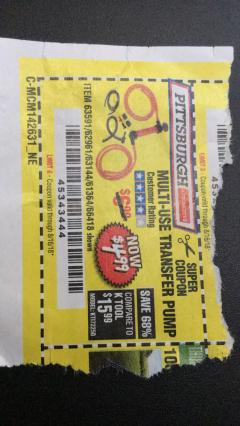 Harbor Freight Coupon MULTI-USE TRANSFER PUMP Lot No. 63144/63591/61364/62961/66418 Expired: 8/16/18 - $4.99