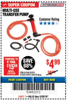 Harbor Freight Coupon MULTI-USE TRANSFER PUMP Lot No. 63144/63591/61364/62961/66418 Expired: 5/20/18 - $4.99