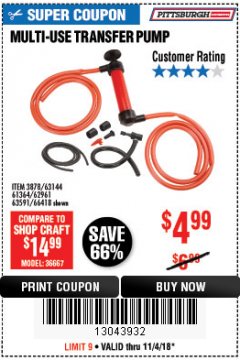 Harbor Freight Coupon MULTI-USE TRANSFER PUMP Lot No. 63144/63591/61364/62961/66418 Expired: 11/4/18 - $4.99