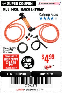 Harbor Freight Coupon MULTI-USE TRANSFER PUMP Lot No. 63144/63591/61364/62961/66418 Expired: 4/7/19 - $4.99